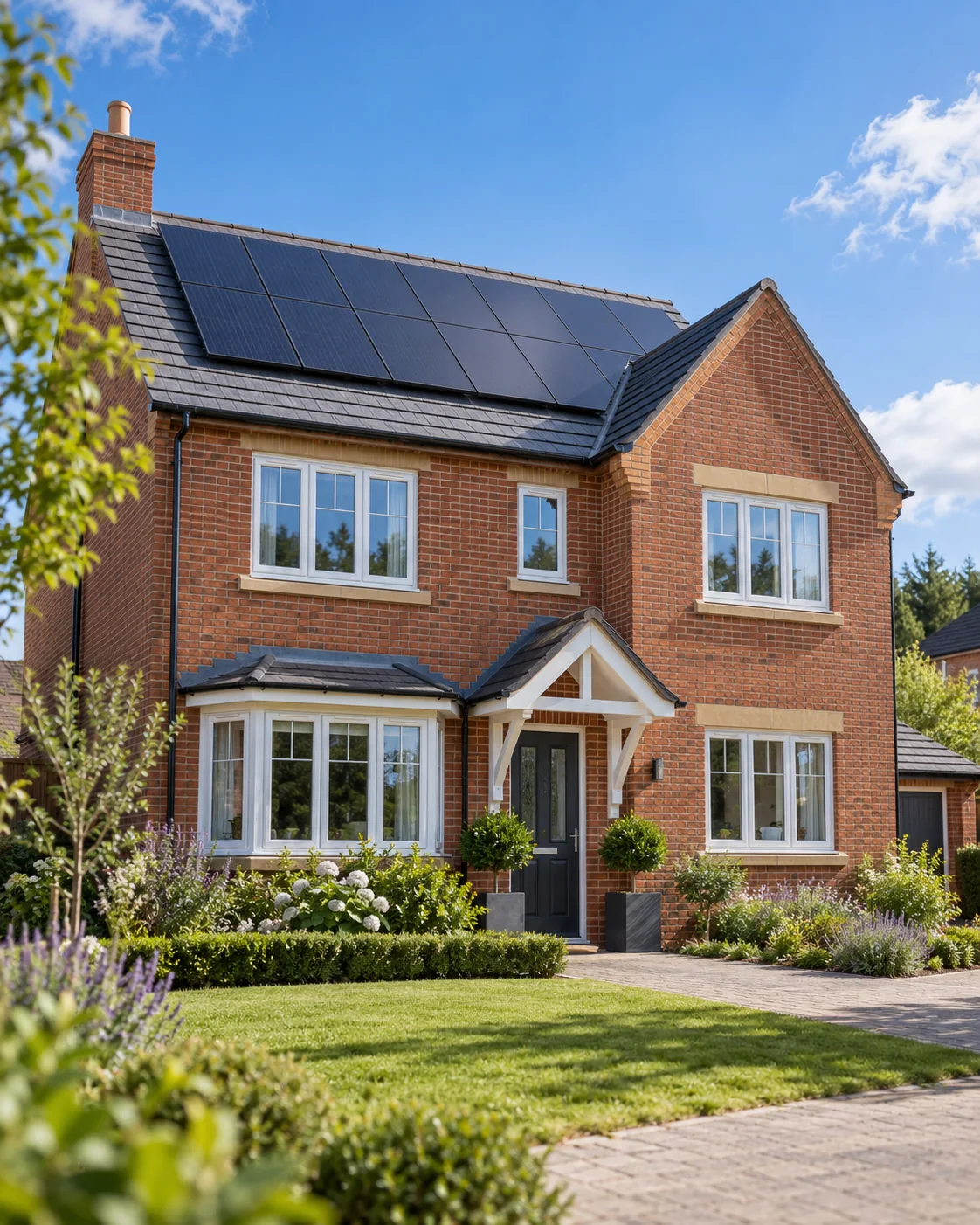 Illustration of a British home with solar panels and a landscaped garden